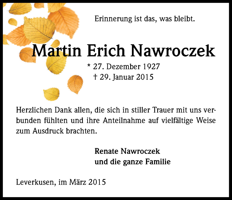  Traueranzeige für Martin Erich Nawroczek vom 07.03.2015 aus Kölner Stadt-Anzeiger / Kölnische Rundschau / Express