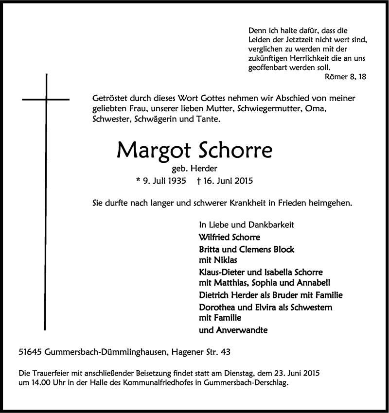  Traueranzeige für Margot Schorre vom 19.06.2015 aus Kölner Stadt-Anzeiger / Kölnische Rundschau / Express