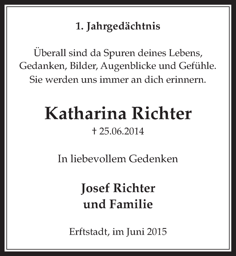  Traueranzeige für Katharina Richter vom 24.06.2015 aus  Werbepost 