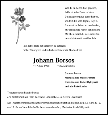 Anzeige von Johann Borsos von Kölner Stadt-Anzeiger / Kölnische Rundschau / Express