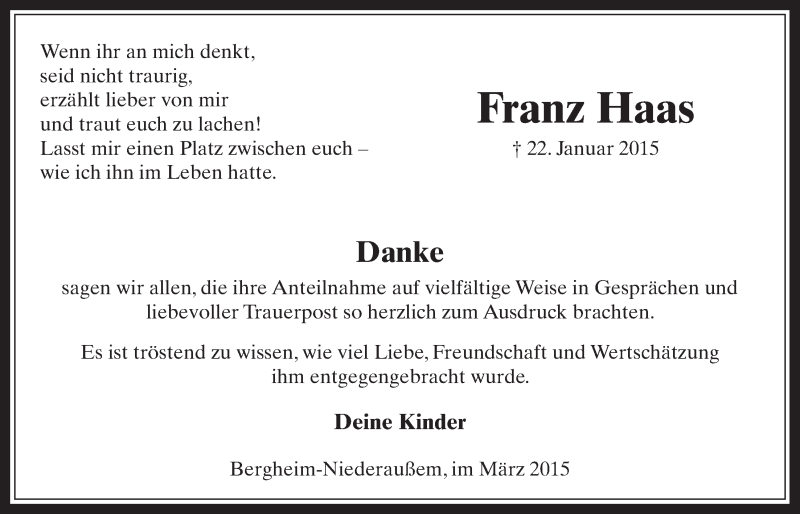  Traueranzeige für Franz Haas vom 11.03.2015 aus  Werbepost 