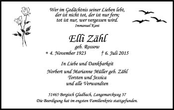 Anzeige von Elli Zähl von Kölner Stadt-Anzeiger / Kölnische Rundschau / Express