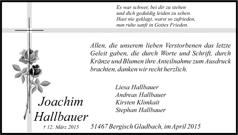  Traueranzeige für Joachim Hallbauer vom 04.04.2015 aus Kölner Stadt-Anzeiger / Kölnische Rundschau / Express