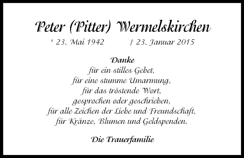  Traueranzeige für Peter Wermelskirchen vom 07.02.2015 aus Kölner Stadt-Anzeiger / Kölnische Rundschau / Express
