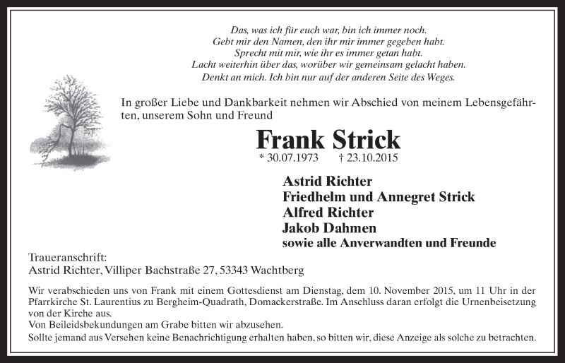  Traueranzeige für Frank Strick vom 04.11.2015 aus  Werbepost 