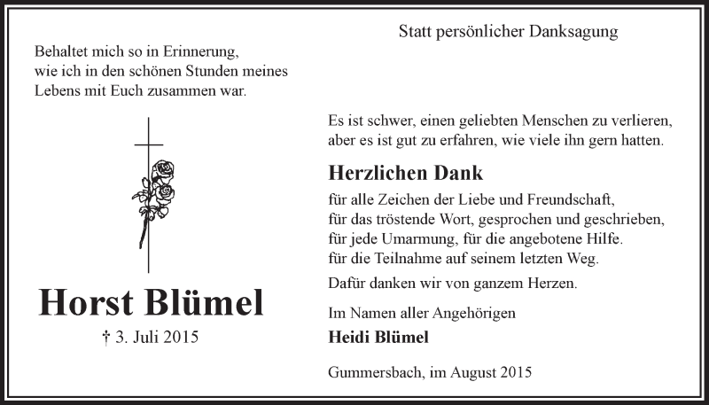  Traueranzeige für Horst Blümel vom 12.08.2015 aus  Anzeigen Echo 