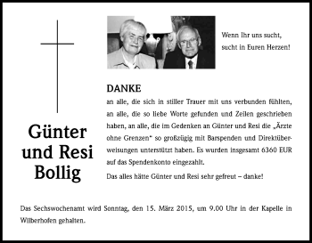 Anzeige von Günter und Resi Bollig von Kölner Stadt-Anzeiger / Kölnische Rundschau / Express