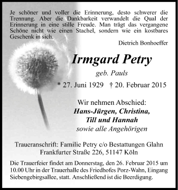 Anzeige von Irmgard Petry von Kölner Stadt-Anzeiger / Kölnische Rundschau / Express