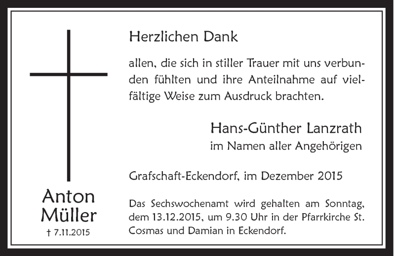  Traueranzeige für Anton  Müller vom 09.12.2015 aus  Schaufenster/Blickpunkt 