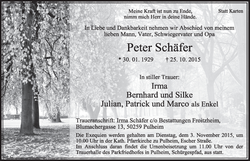  Traueranzeige für Peter Schäfer vom 31.10.2015 aus  Sonntags-Post 