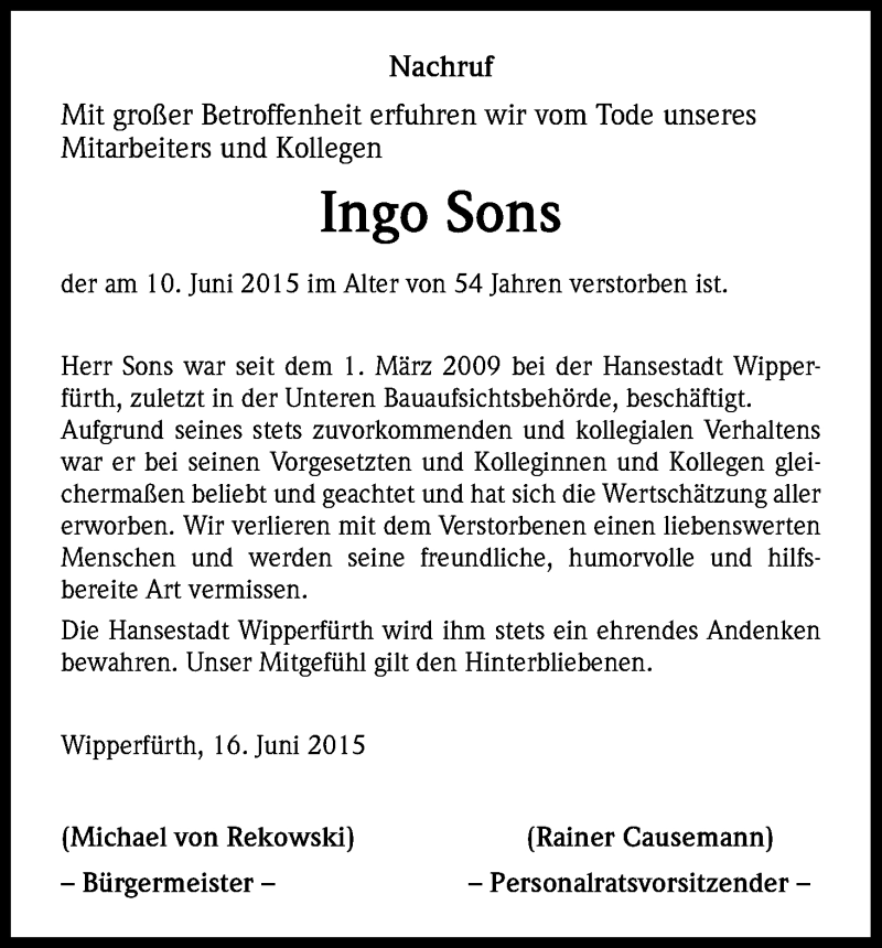  Traueranzeige für Ingo Sons vom 17.06.2015 aus Kölner Stadt-Anzeiger / Kölnische Rundschau / Express
