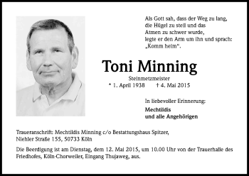 Anzeige von Toni Minning von Kölner Stadt-Anzeiger / Kölnische Rundschau / Express
