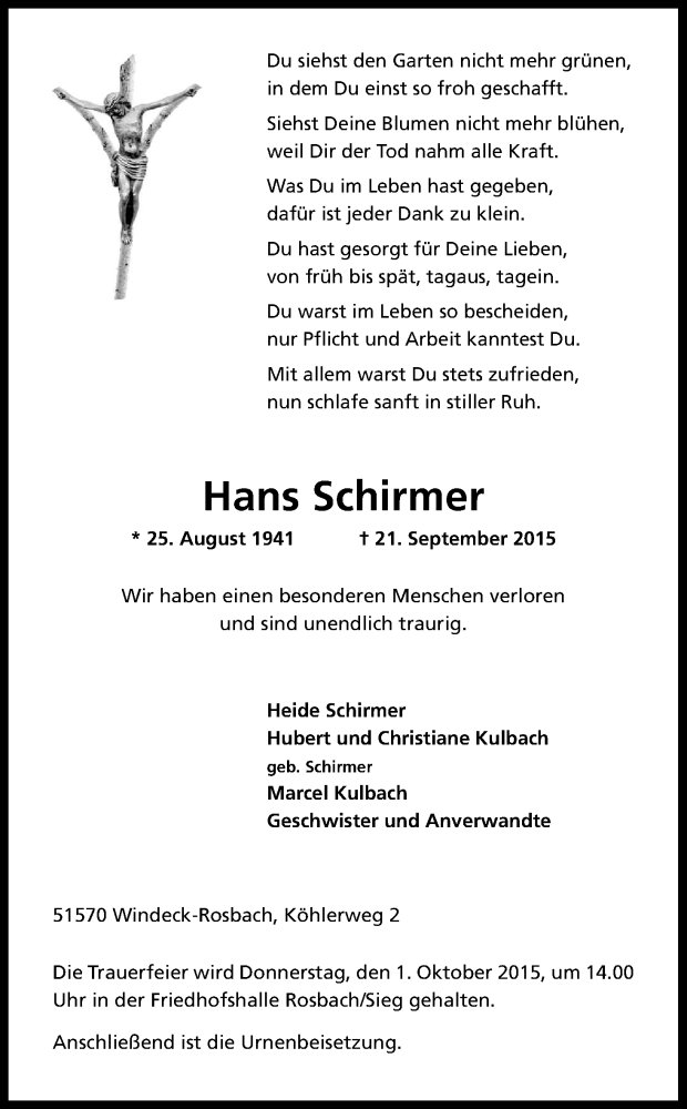  Traueranzeige für Hans Schirmer vom 26.09.2015 aus Kölner Stadt-Anzeiger / Kölnische Rundschau / Express