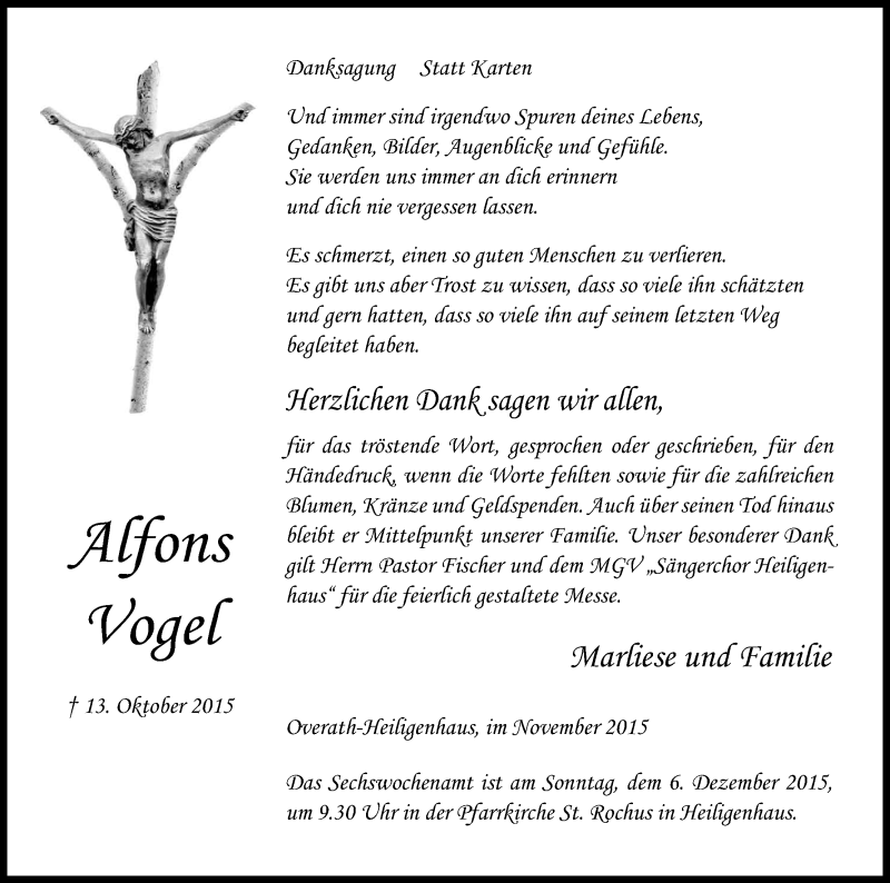  Traueranzeige für Alfons Vogel vom 28.11.2015 aus Kölner Stadt-Anzeiger / Kölnische Rundschau / Express