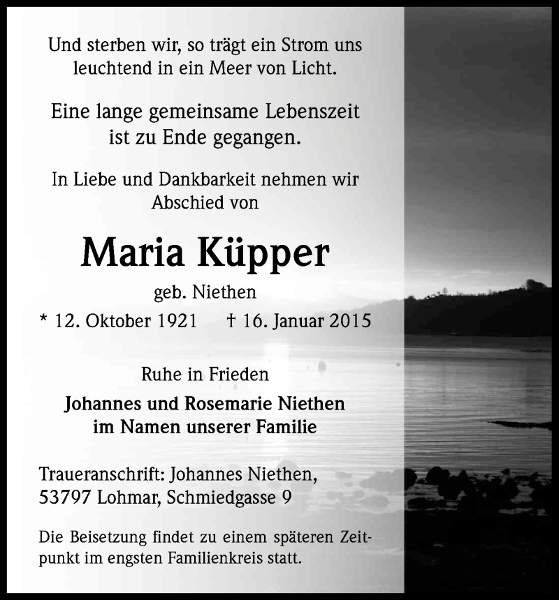  Traueranzeige für Maria Küpper vom 24.01.2015 aus Kölner Stadt-Anzeiger / Kölnische Rundschau / Express