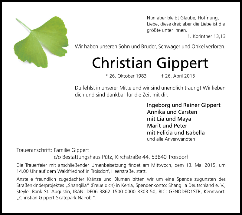 Traueranzeige für Christian Gippert vom 06.05.2015 aus Kölner Stadt-Anzeiger / Kölnische Rundschau / Express