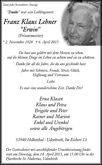 Anzeige von Franz Klaus Lehner von Kölner Stadt-Anzeiger / Kölnische Rundschau / Express