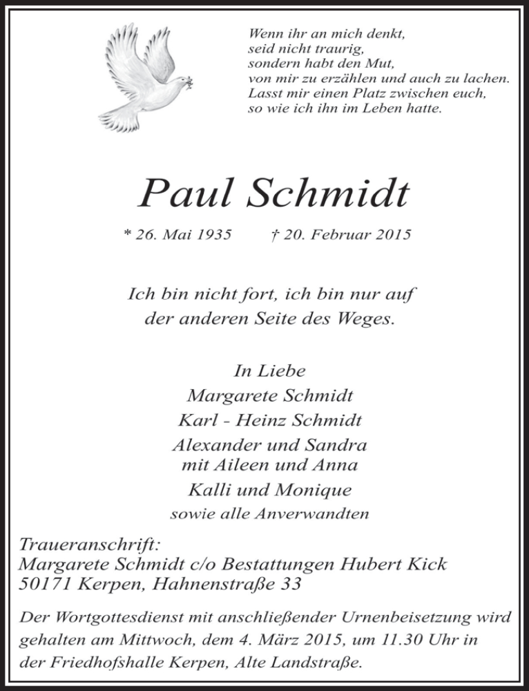  Traueranzeige für Paul Schmidt vom 28.02.2015 aus  Sonntags-Post 