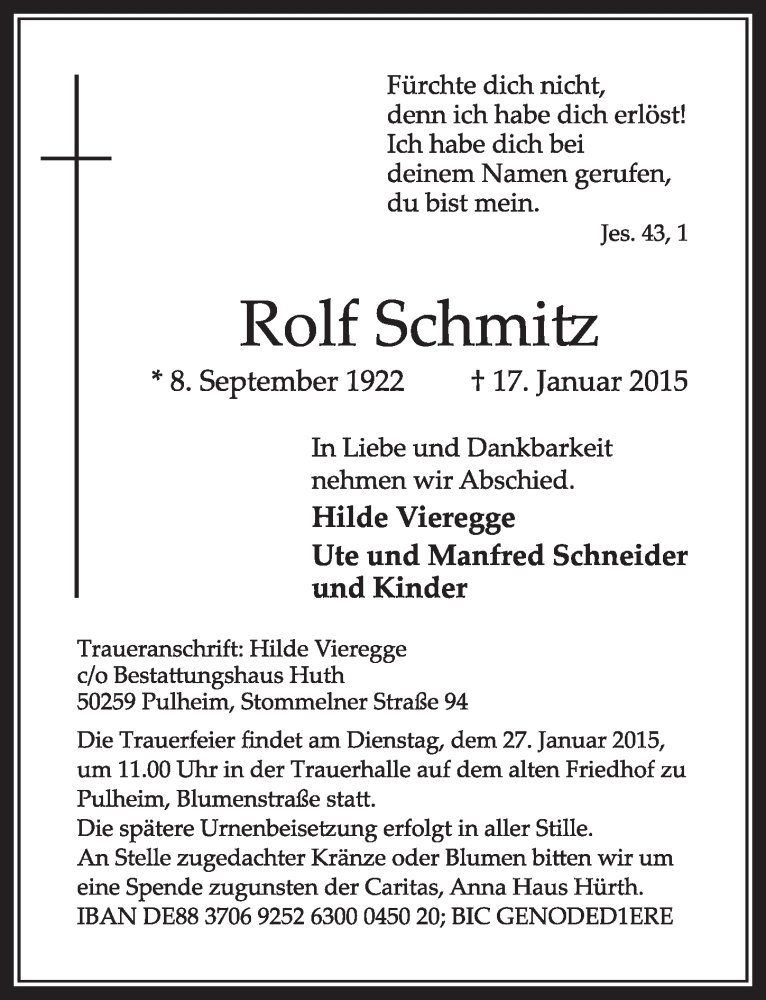  Traueranzeige für Rolf Schmitz vom 24.01.2015 aus  Sonntags-Post 