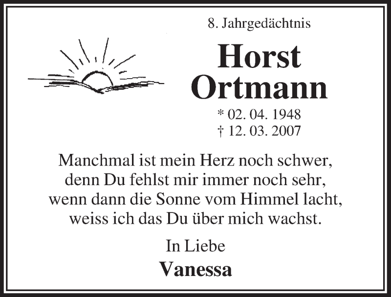  Traueranzeige für Horst Ortmann vom 11.03.2015 aus  Lokalanzeiger 