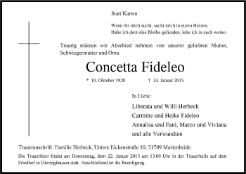 Anzeige von Concetta Fideleo von Kölner Stadt-Anzeiger / Kölnische Rundschau / Express
