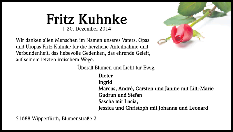  Traueranzeige für Fritz Kuhnke vom 31.01.2015 aus Kölner Stadt-Anzeiger / Kölnische Rundschau / Express