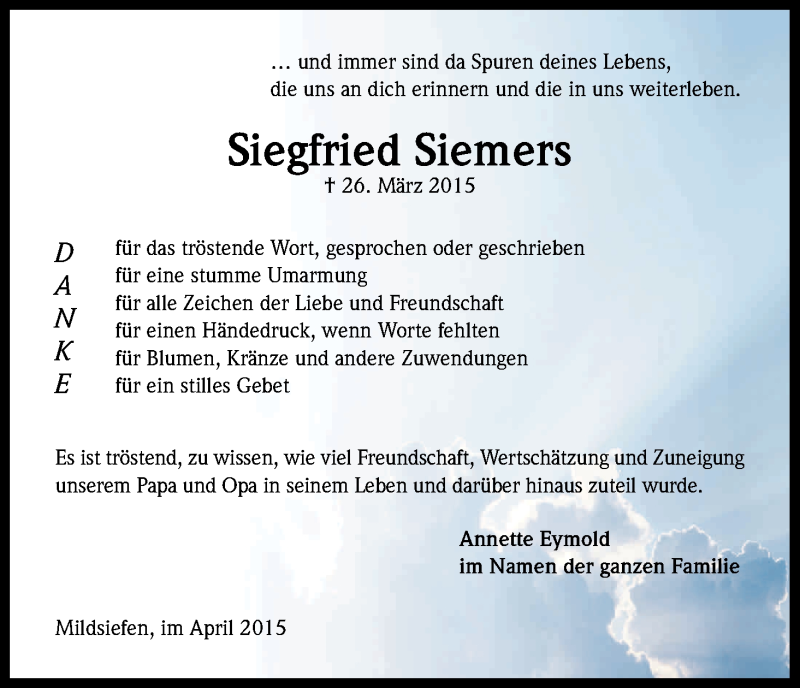  Traueranzeige für Siegfried Siemers vom 25.04.2015 aus Kölner Stadt-Anzeiger / Kölnische Rundschau / Express