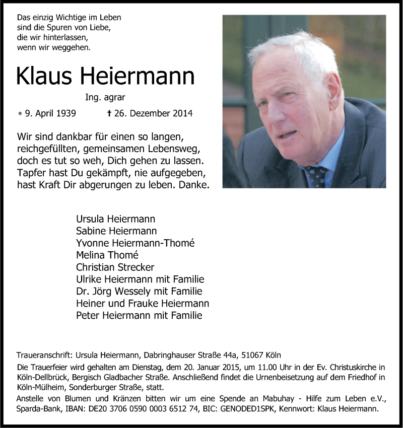  Traueranzeige für Klaus Heiermann vom 16.01.2015 aus Kölner Stadt-Anzeiger / Kölnische Rundschau / Express