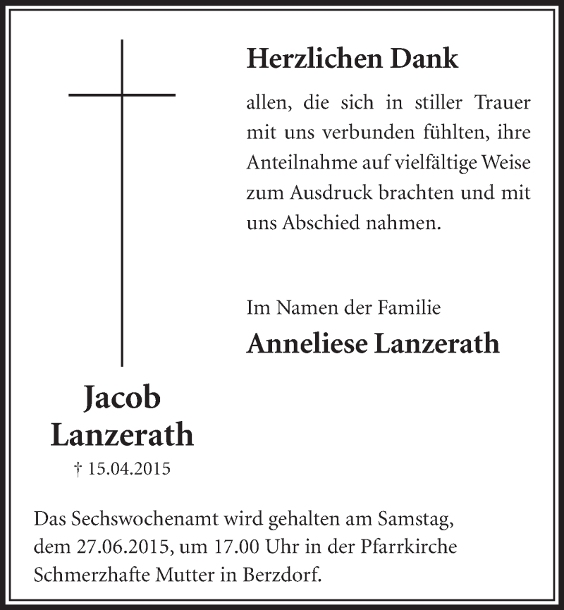  Traueranzeige für Jacob Lanzerath vom 17.06.2015 aus  Schlossbote/Werbekurier 
