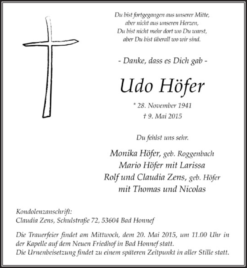  Traueranzeige für Udo Höfer vom 16.05.2015 aus  Rhein-Sieg-Wochenende 