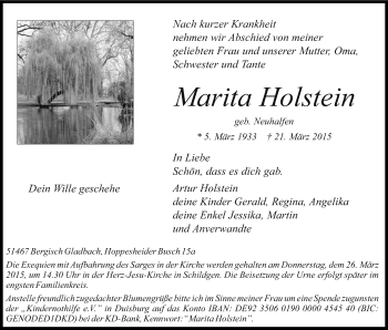 Anzeige von Marita Holstein von Kölner Stadt-Anzeiger / Kölnische Rundschau / Express