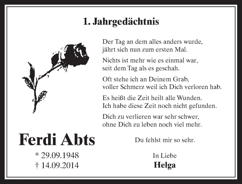  Traueranzeige für Ferdi Abts vom 12.09.2015 aus  Sonntags-Post 