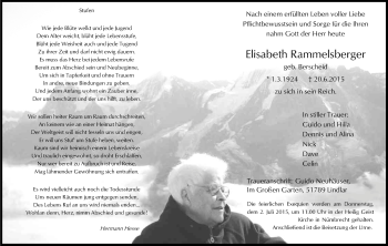Anzeige von Elisabeth Rammelsberger von Kölner Stadt-Anzeiger / Kölnische Rundschau / Express