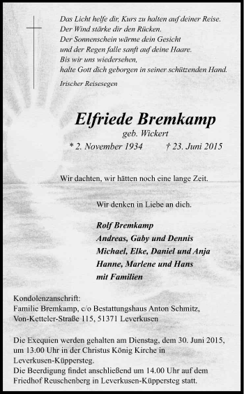 Anzeige von Elfriede Bremkamp von Kölner Stadt-Anzeiger / Kölnische Rundschau / Express
