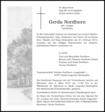 Anzeige von Gerda Nordhorn von Kölner Stadt-Anzeiger / Kölnische Rundschau / Express
