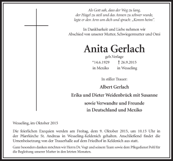 Anzeige von Anita Gerlach von  Schlossbote/Werbekurier 