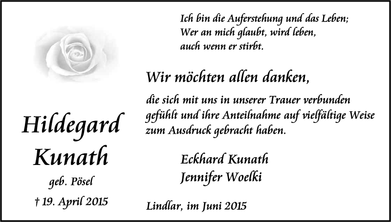  Traueranzeige für Hildegard Kunath vom 06.06.2015 aus Kölner Stadt-Anzeiger / Kölnische Rundschau / Express