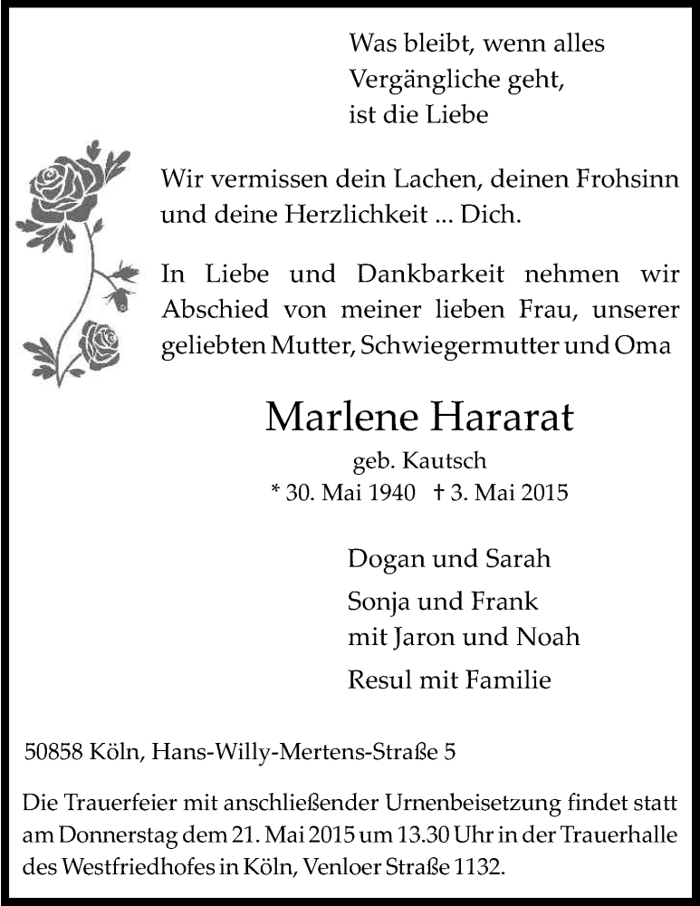  Traueranzeige für Marlene Hararat vom 16.05.2015 aus Kölner Stadt-Anzeiger / Kölnische Rundschau / Express