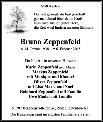 Anzeige von Bruno Zeppenfeld von Kölner Stadt-Anzeiger / Kölnische Rundschau / Express