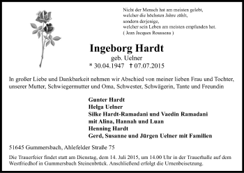 Anzeige von Ingeborg Hardt von Kölner Stadt-Anzeiger / Kölnische Rundschau / Express