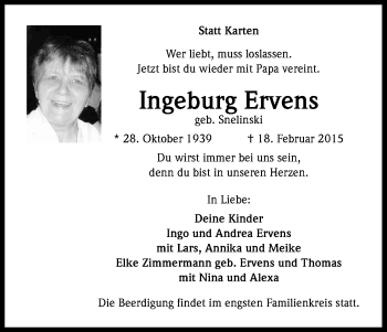 Anzeige von Ingeburg Ervens von Kölner Stadt-Anzeiger / Kölnische Rundschau / Express