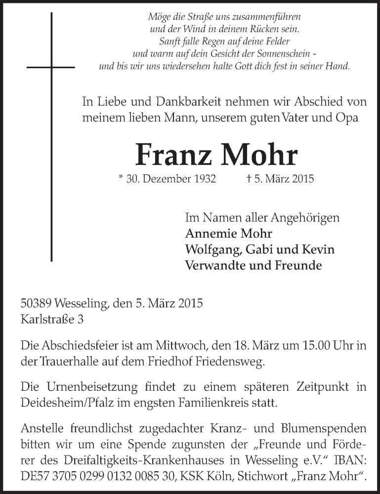  Traueranzeige für Franz Mohr vom 11.03.2015 aus  Schlossbote/Werbekurier 