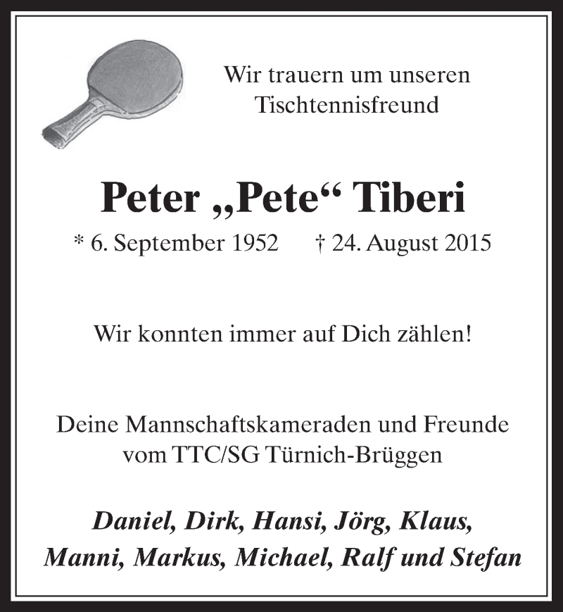  Traueranzeige für Peter Tiberi vom 09.09.2015 aus  Werbepost 