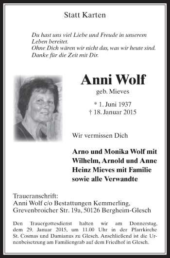Anzeige von Anni Wolf von  Werbepost 