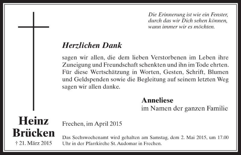  Traueranzeige für Heinz Brücken vom 29.04.2015 aus  Wochenende 