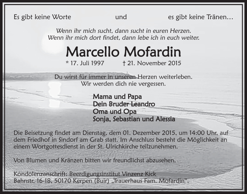  Traueranzeige für Marcello Mofardin vom 28.11.2015 aus  Sonntags-Post 