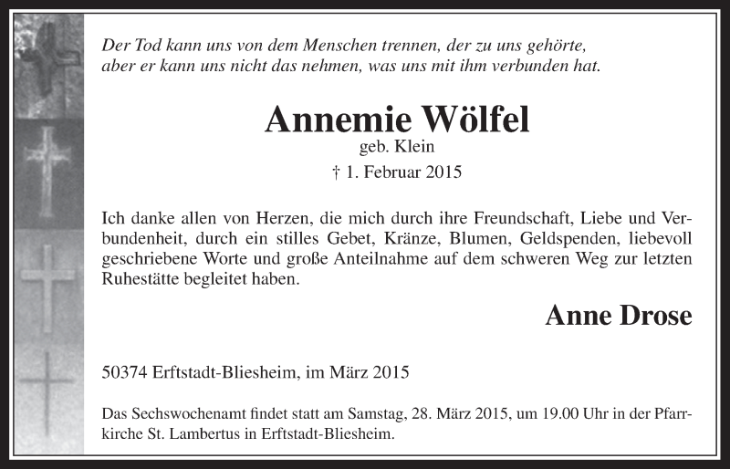  Traueranzeige für Annemie Wölfel vom 25.03.2015 aus  Werbepost 