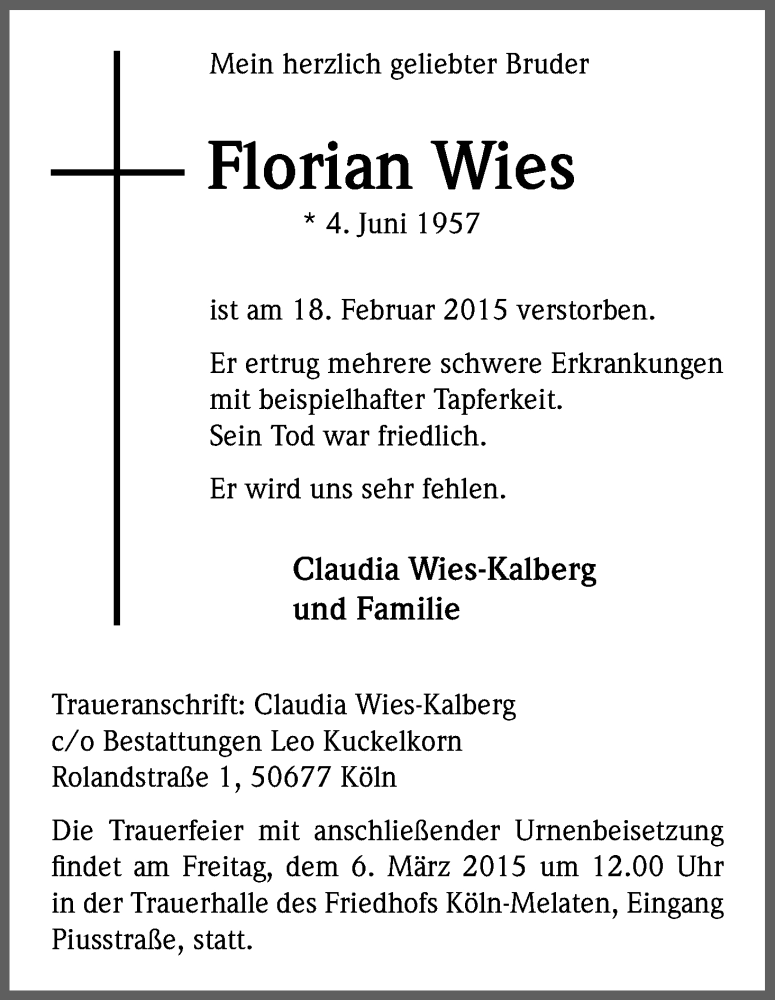  Traueranzeige für Florian Wies vom 28.02.2015 aus Kölner Stadt-Anzeiger / Kölnische Rundschau / Express