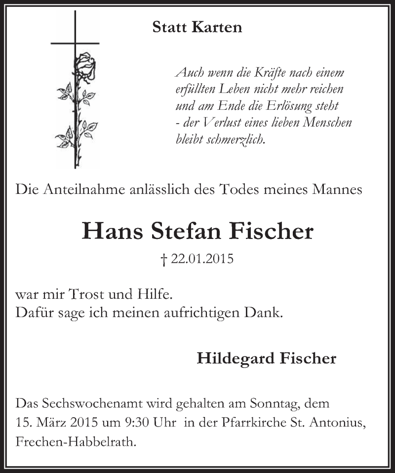  Traueranzeige für Hans Stefan Fischer vom 11.03.2015 aus  Wochenende 