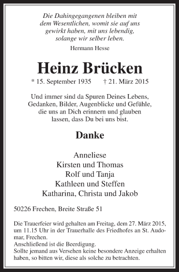Anzeige von Heinz Brücken von  Wochenende 